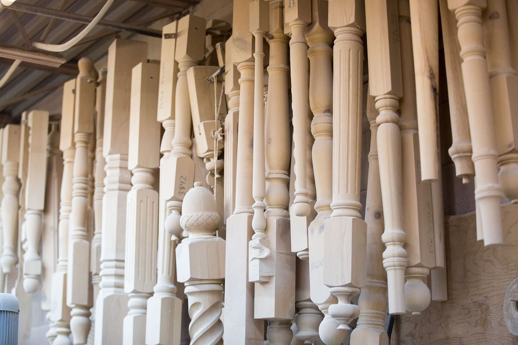 Racks of finished turned spindles and balusters